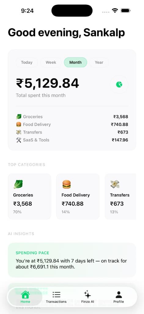 Finzo home screen showing monthly spending, categories, and AI insights